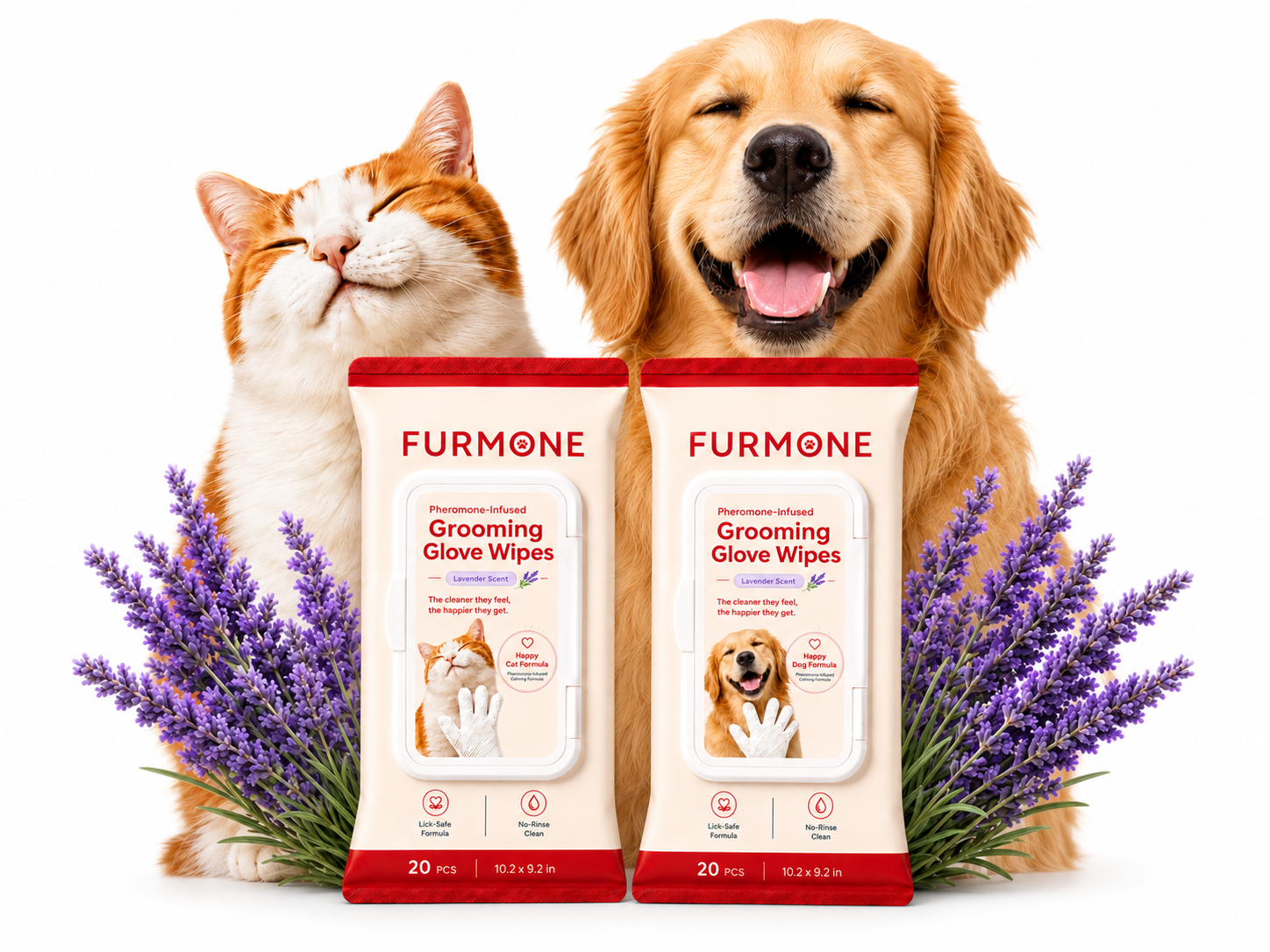 Happy orange tabby cat beside a FURMONE Pheromone-Infused Grooming Glove Wipes pack with lavender sprigs